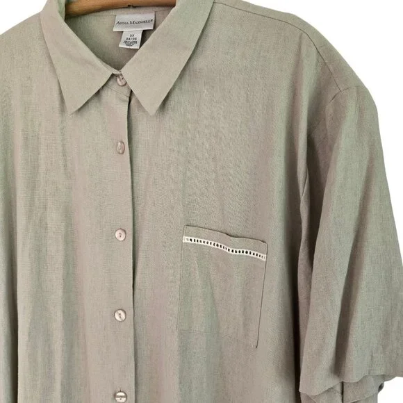 Anna Maxwell Womens Tan 2-Piece Twin Set Shirt & Tank Top Linen Blend 5X - Picture 13 of 16